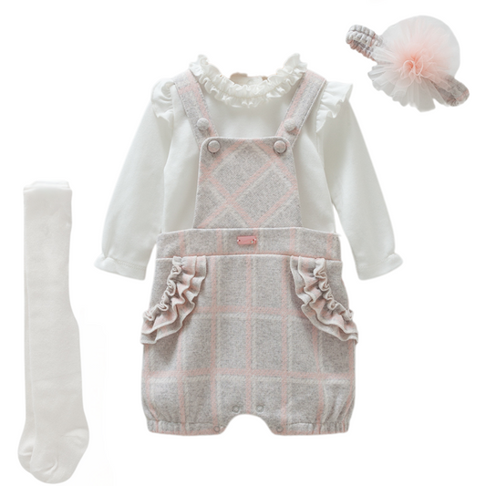 8534 Caramell Baby Girl Party Set – Bodysuit with Pinafore Design, Headband & Tights | 0–6 Months | Turkey