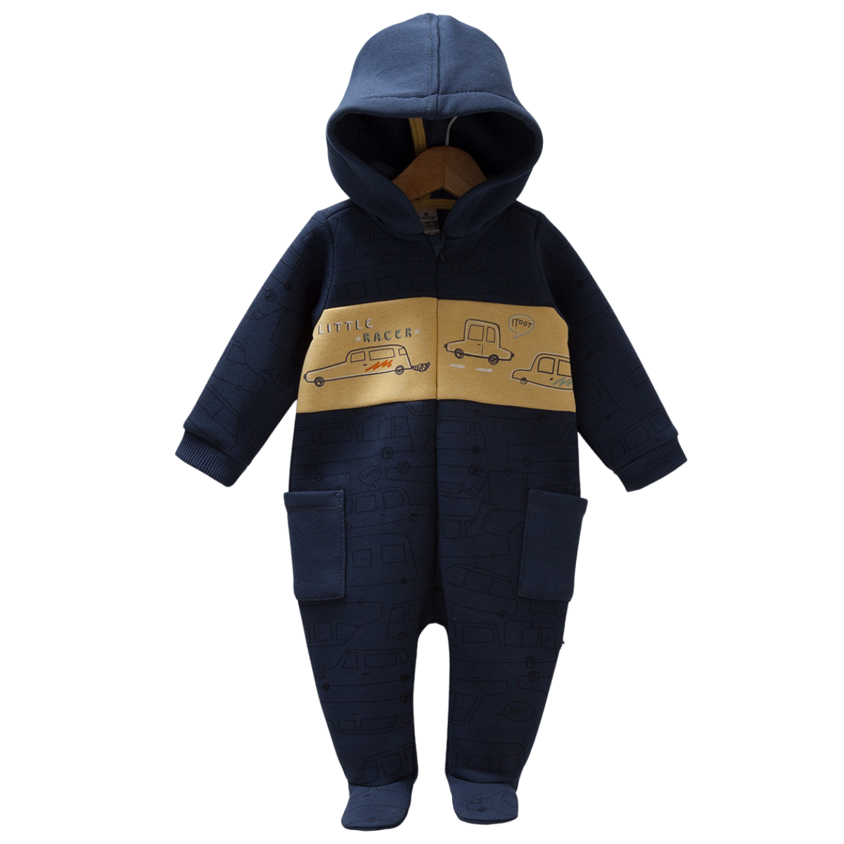 8264 Caramell Baby Boy Zip-Up Cotton Jumpsuit with Car Print & Fleece Lining | Sizes 3–18 Months | Made in Turkey