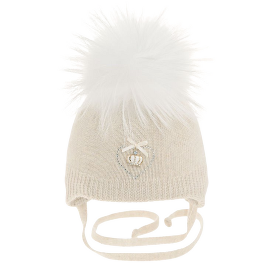 32007 Baby Girls’ Winter Knit Hat with Pom-Pom and Ties | 0–6 Months | Cotton Lining