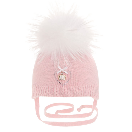 32007 Baby Girls’ Winter Knit Hat with Pom-Pom and Ties | 0–6 Months | Cotton Lining