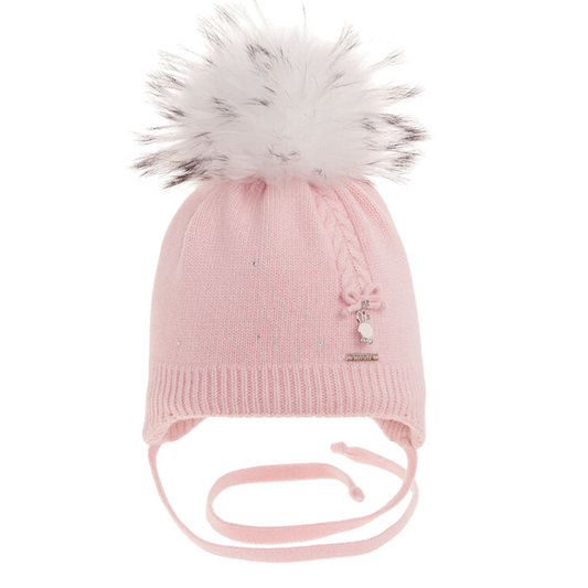 2358 Baby Girls’ Winter Knit Hat for Newborns with Pom-Pom and Ties | 0–1 Month | Cotton Lining