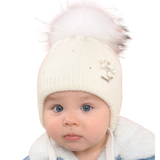 2358 Baby Girls’ Winter Knit Hat for Newborns with Pom-Pom and Ties | 0–1 Month | Cotton Lining