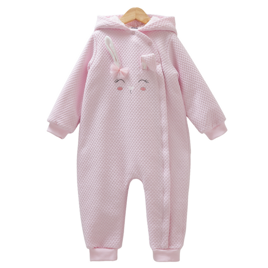8355 Plush Baby Girl Warm Hooded Jumpsuit – Pink with Bunny Design | Cotton, Plush Lining | Sizes 6–9 Months | Made in Turkey