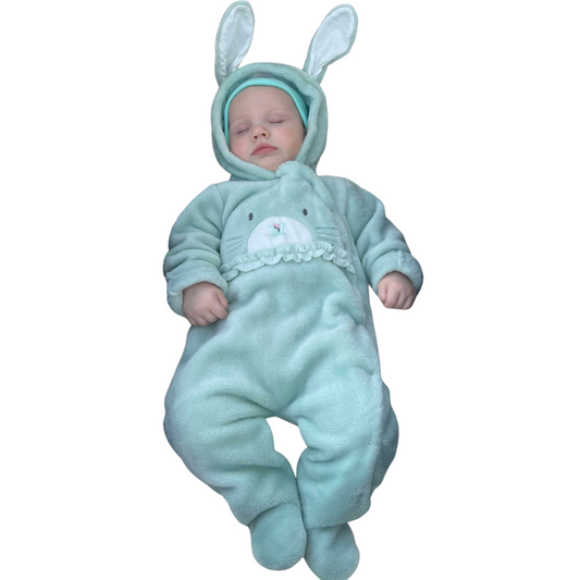 8424 Caramell Baby Girl Plush Jumpsuit with Hood & Bunny Ears – Closed Feet | Sizes 0–9 Months | Made in Turkey