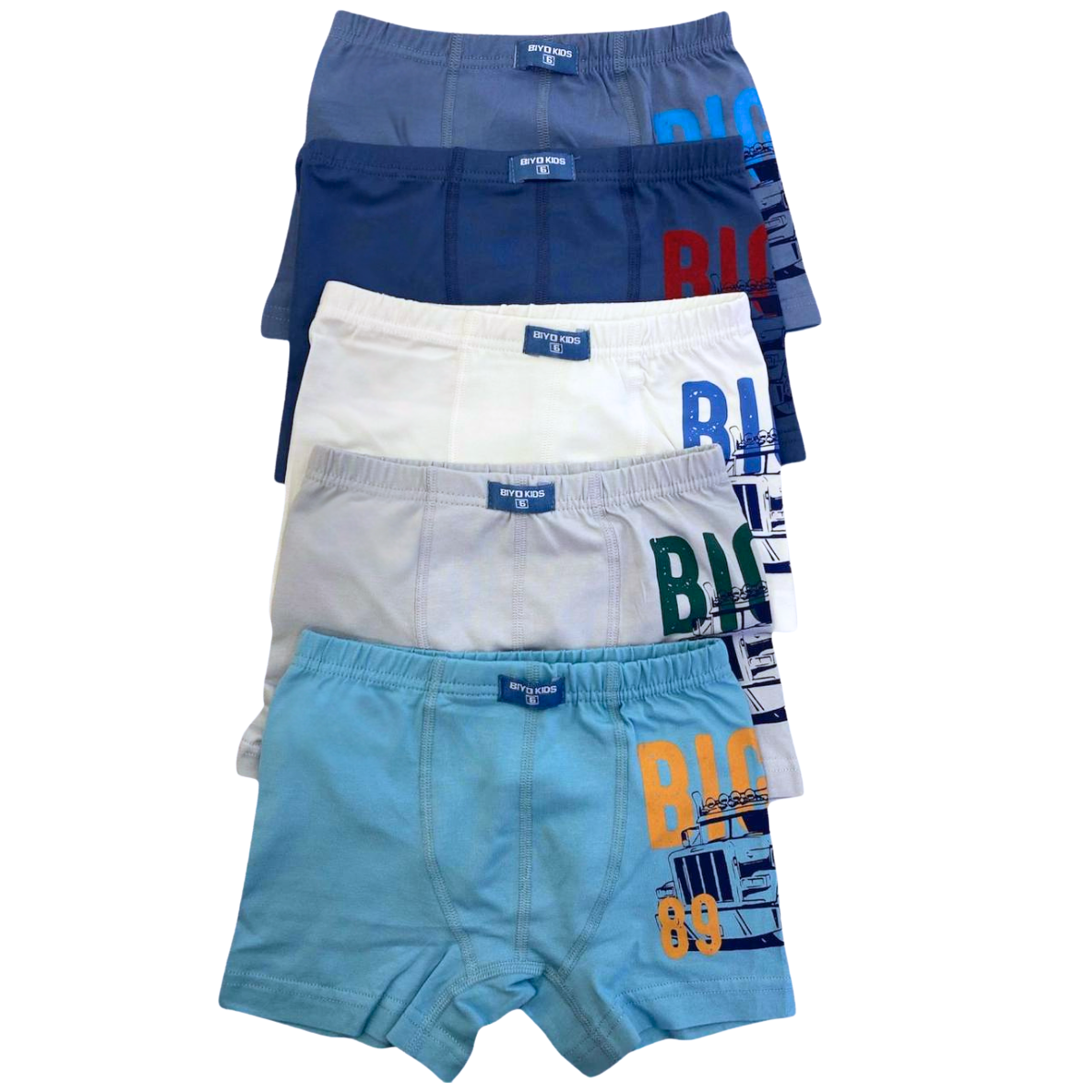 2899 Boys’ Cotton Boxer Briefs – “BIG 89” Truck Design | 5-Pack | Soft, Stretchy & Comfortable | Ages 1–12 | Made in Turkey by BIYO Kids