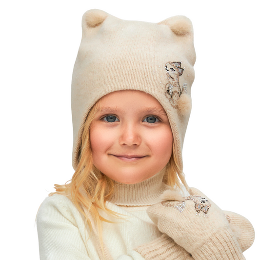 11347 Baby Girls’ Winter Hat with Ears & Squirrel Design, Trimmed with Natural Fur | 9–18 Months | Cashmere Wool Blend, Cotton Lining