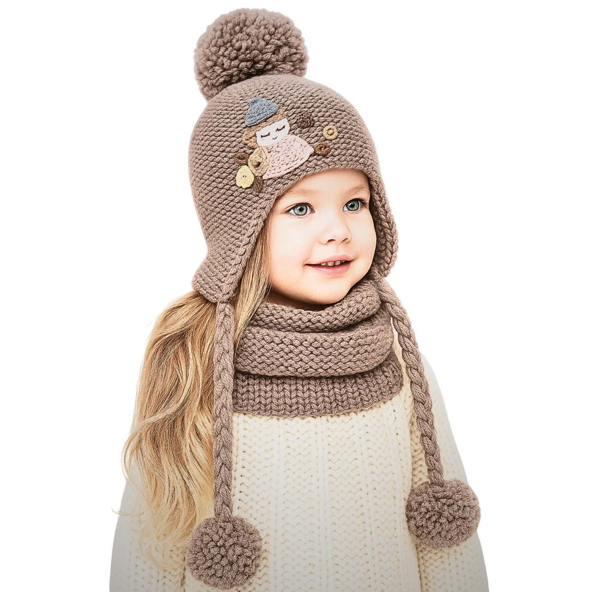 81198 Girls’ Winter Hat with Pom-Poms & Embroidered Doll Design | Sizes 9 Months – 12 Years | Baby Alpaca, Wool