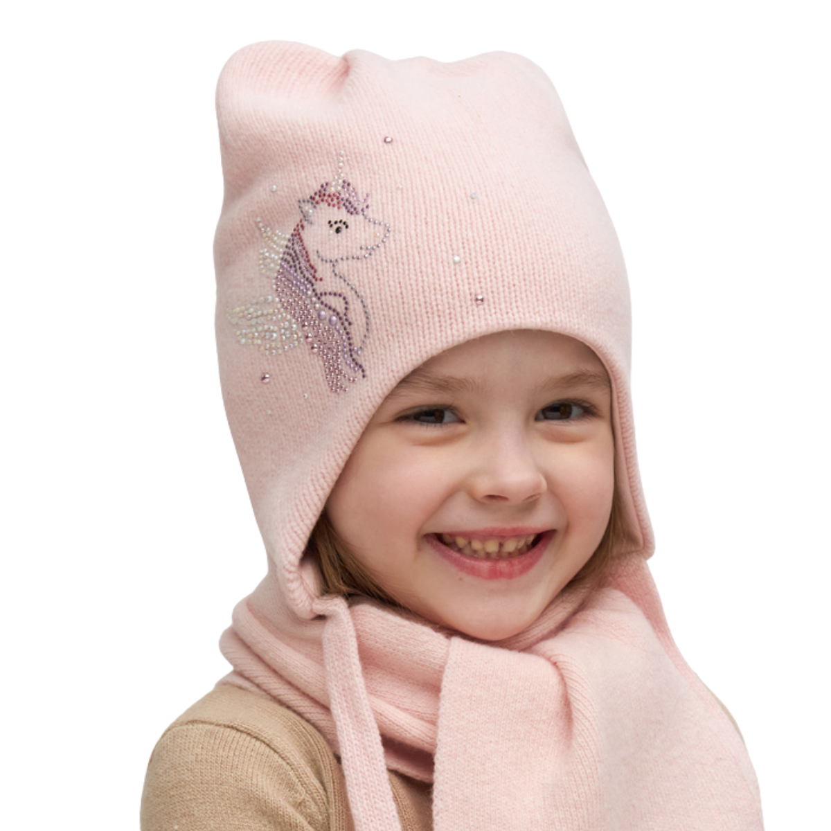 11261 Girls’ Warm Winter Hat with Ears, Tie Strings & Unicorn Rhinestone Design | 18–36 Months | Cashmere Wool Blend, Cotton Lining