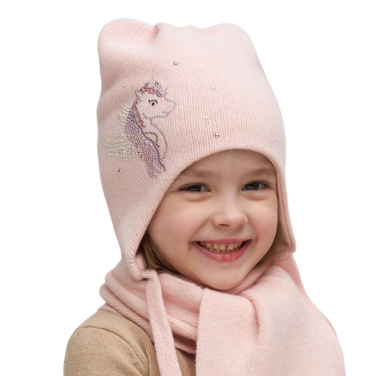 11261 Girls’ Warm Winter Hat with Ears, Tie Strings & Unicorn Rhinestone Design | 18–36 Months | Cashmere Wool Blend, Cotton Lining