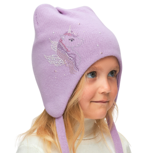 11261 Girls’ Warm Winter Hat with Ears, Tie Strings & Unicorn Rhinestone Design | 18–36 Months | Cashmere Wool Blend, Cotton Lining
