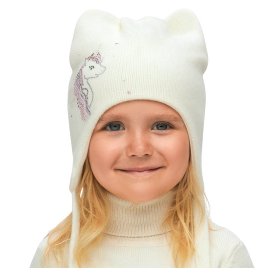 11261 Girls’ Warm Winter Hat with Ears, Tie Strings & Unicorn Rhinestone Design | 18–36 Months | Cashmere Wool Blend, Cotton Lining