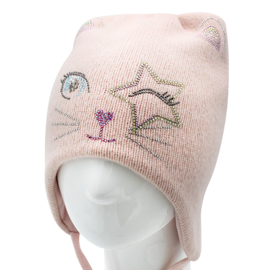 80405 Girls’ Warm Winter Hat with Ears & Tie Strings | 18–30 Months | Cashmere Wool Blend, Cotton Lining