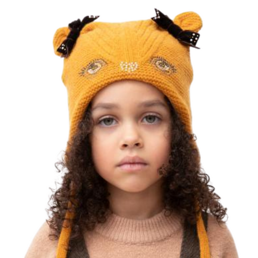 80139 Girls’ Warm Winter Hat with Ears, Tie Strings & Face Design with Bows | 18–36 Months | Cashmere Wool Blend, Cotton Lining