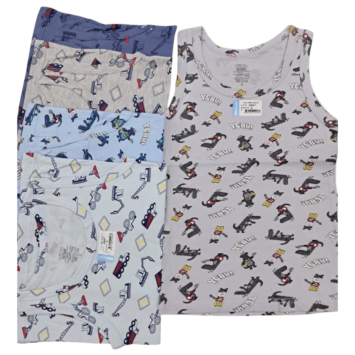 2667 BiyoKids Boys’ Tank Tops with Fun Prints (Crocodile & Construction Designs) – 95% Cotton, 5% Elastane | Ages 1–10 | Made in Turkey