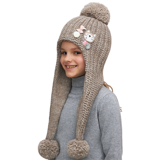 11276 Girls’ Warm Winter Hat with Long Ear Flaps, Pom-Poms & Cat Embroidery – Soft Knit | Sizes 3–5 Years | Baby Alpaca & Wool Blend | 100% Cotton Lining