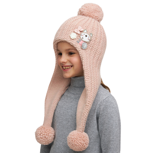 11276 Girls’ Warm Winter Hat with Long Ear Flaps, Pom-Poms & Cat Embroidery – Soft Knit | Sizes 3–5 Years | Baby Alpaca & Wool Blend | 100% Cotton Lining