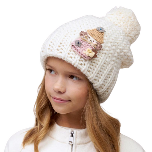 10036 Girls’ Warm Winter Hat with Pom-Pom & Knitted Doll Design – Baby Alpaca & Wool Blend | Sizes 3–5 Years | Cotton Lining