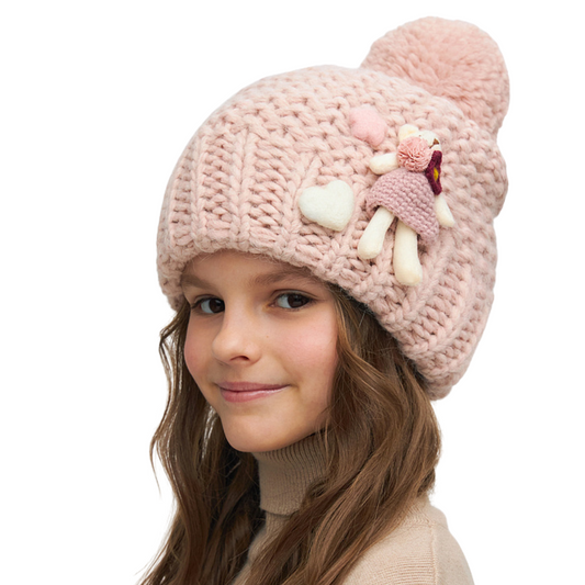 11277 Girls’ Warm Winter Hat with Pom-Pom & Knitted Doll Design – Baby Alpaca & Wool Blend | Sizes 3–5 Years | Cotton Lining