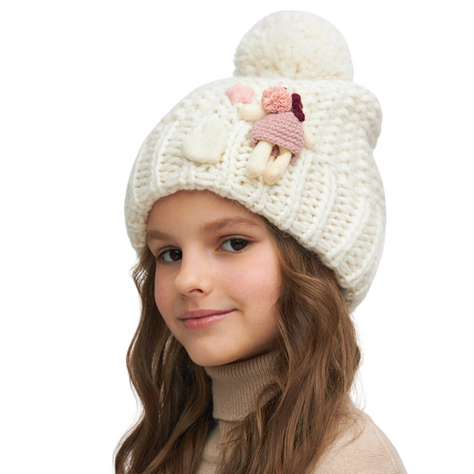 11277 Girls’ Warm Winter Hat with Pom-Pom & Knitted Doll Design – Baby Alpaca & Wool Blend | Sizes 3–5 Years | Cotton Lining