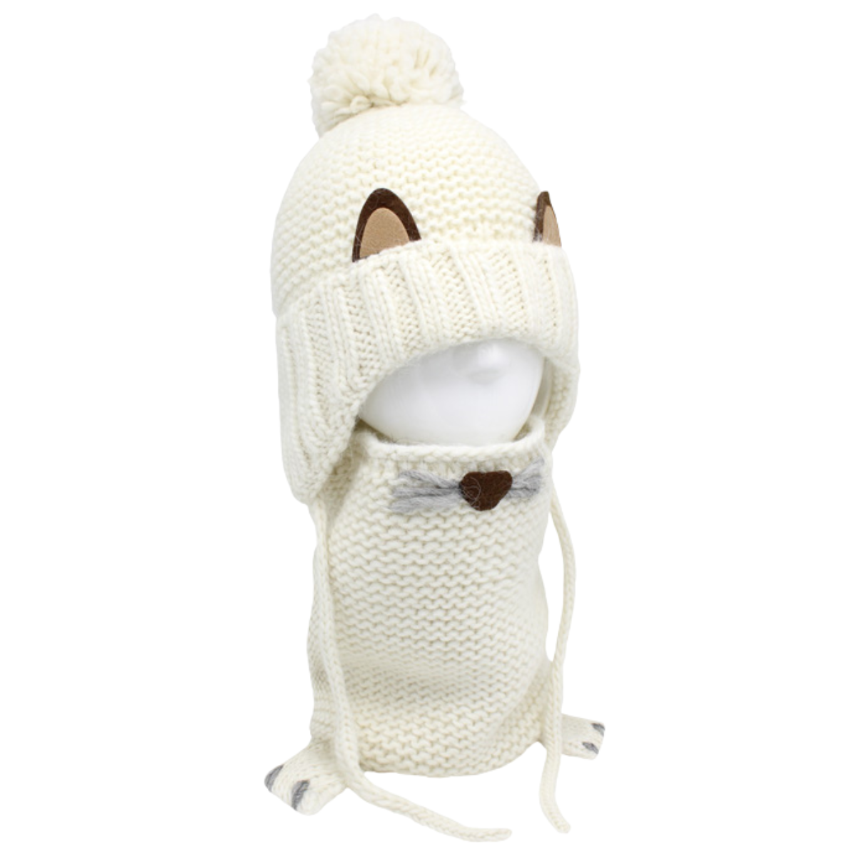 10489 Girls’ Winter Hat & Snood Set with Pom-Pom and Cute Ears – Baby Alpaca & Wool Blend | Ages 3–5 Years (52–54 cm) | 100% Cotton Lining
