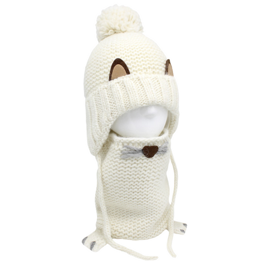 10489 Girls’ Winter Hat & Snood Set with Pom-Pom and Cute Ears – Baby Alpaca & Wool Blend | Ages 3–5 Years (52–54 cm) | 100% Cotton Lining