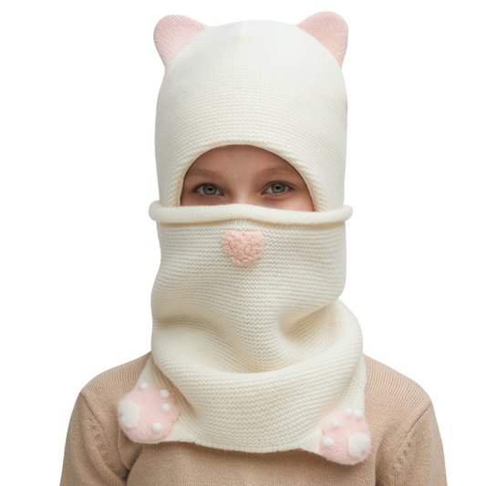 11461 Girls’ Winter Hat & Snood Set with Cute Ears and Paw Details – Cashmere & Wool Blend | Ages 3–5 Years (52–54 cm) | 100% Cotton Lining