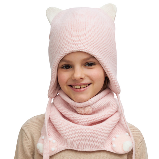 11461 Girls’ Winter Hat & Snood Set with Cute Ears and Paw Details – Cashmere & Wool Blend | Ages 3–5 Years (52–54 cm) | 100% Cotton Lining