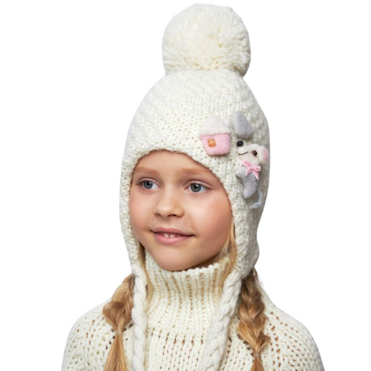10126 Girls’ Winter Knit Hat with Pom-Pom & Plush Appliqué | Size 52–54 cm | Ages 3–5 Years | Baby Alpaca & Wool Blend