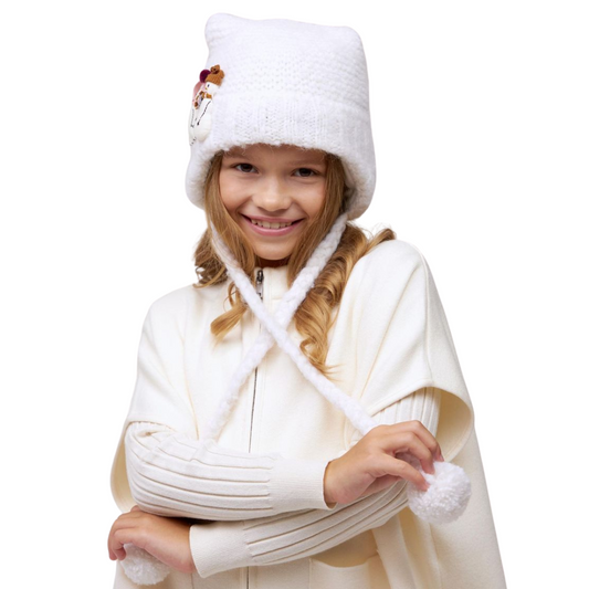 10226 Girls’ Winter Knit Hat with Pom-Pom & Plush Appliqués – Snowman & Bear | Size 52–54 cm | Ages 3–5 Years | Baby Alpaca & Wool Blend