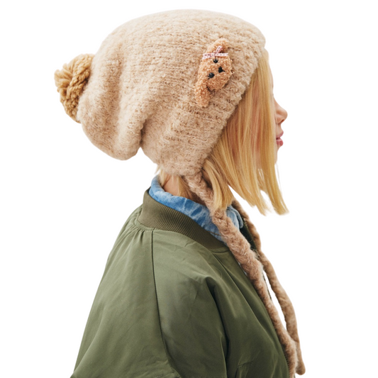 10144 Girls’ Winter Knit Hat with Pom-Pom & Plush Bear Appliqué | Size 54–56 cm | Ages 6–12 Years | Superfine Alpaca | Lining:  Wool