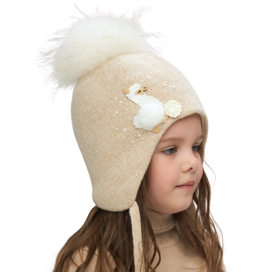 11126 Girls’ Winter Knit Hat with Natural Fur Pom-Pom, Plush Appliqué & Cotton Lining – Beige | Size 52–54 cm | Ages 3–5 Years | Cashmere, Wool