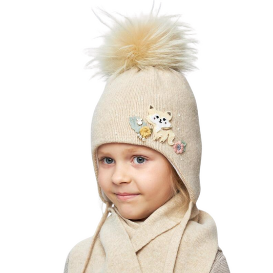10225 Girls’ Winter Knit Hat with Natural Fur Pom-Pom & Embroidered Cat Appliqué | Size 52–54 cm | Ages 3–5 Years | Wool & Cashmere Blend | Cotton Lining