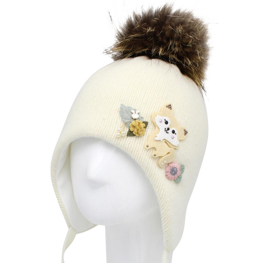 10225 Girls’ Winter Knit Hat with Natural Fur Pom-Pom & Embroidered Cat Appliqué | Size 52–54 cm | Ages 3–5 Years | Wool & Cashmere Blend | Cotton Lining