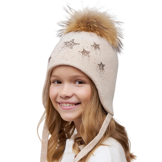 10358 Girls’ Winter Knit Hat with Natural Fur Pom-Pom & Rhinestone Star Design | Size 52–54 cm | Ages 3–5 Years | Wool & Cashmere Blend | Cotton Lining