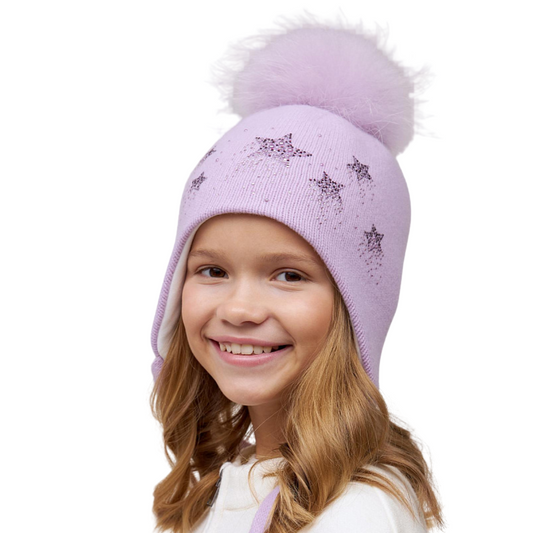 10358 Girls’ Winter Knit Hat with Natural Fur Pom-Pom & Rhinestone Star Design | Size 52–54 cm | Ages 3–5 Years | Wool & Cashmere Blend | Cotton Lining