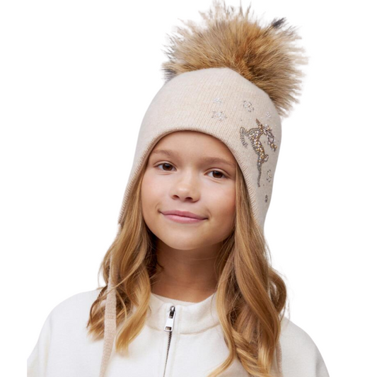 10388 Girls’ Winter Knit Hat with Natural Fur Pom-Pom & Rhinestone Reindeer Design | Size 52–54 cm | Ages 3–5 Years | Wool & Cashmere Blend | Cotton Lining