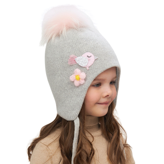 11279 Girls’ Winter Knit Hat with Natural Fur Pom-Pom & Plush Bird Appliqué | Size 52–54 cm | Ages 3–5 Years | Wool & Cashmere Blend | Cotton Lining