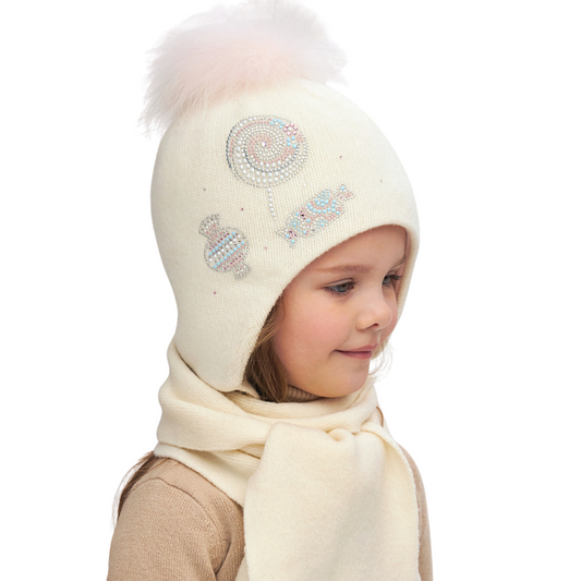 11287 Girls’ Winter Knit Hat with Natural Fur Pom-Pom & Rhinestone Candy Design | Size 52–54 cm | Ages 3–5 Years | Wool & Cashmere Blend | Cotton Lining