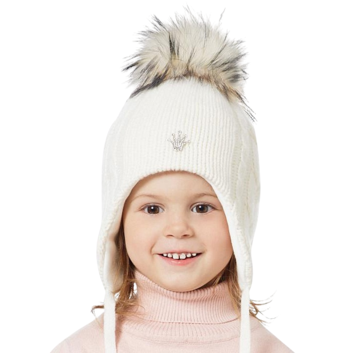 70478 Girls’ Winter Knit Hat with Natural Fur Pom-Pom & Metal Crown with Rhinestones | Size 52–54 cm | Ages 3–5 Years | Wool & Cashmere Blend | Cotton Lining