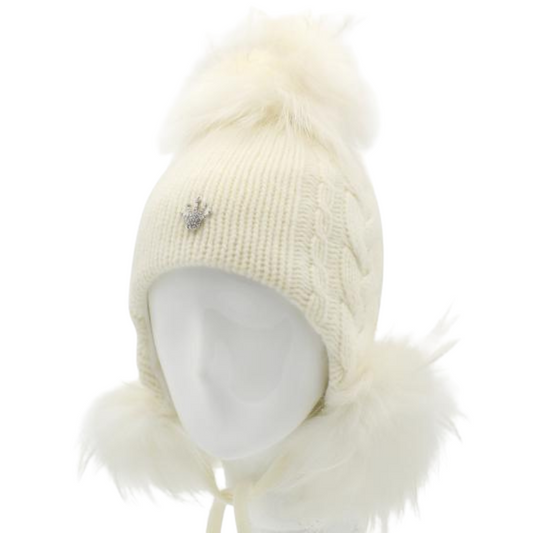 80927 Girls’ Winter Knit Hat with Three Natural Fur Pom-Poms & Metal Crown with Rhinestones | Size 52–54 cm | Ages 3–5 Years | Wool & Cashmere Blend | Cotton Lining