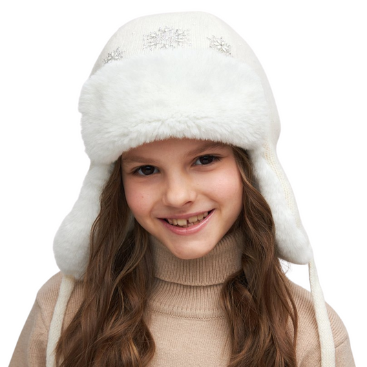 10719 Girls’ Winter Aviator Knit Hat with Faux Fur Trim & Rhinestone Snowflakes | Size 52–54 cm | Ages 3–5 Years | Wool & Cashmere Blend | Cotton Lining