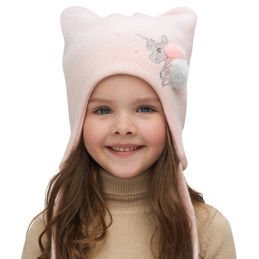 11325 Girls’ Winter Knit Hat with Cat Ears, Rhinestone Unicorn & Small Fur Pom-Poms | Size 52–54 cm | Ages 3–5 Years | Wool & Cashmere Blend | Cotton Lining