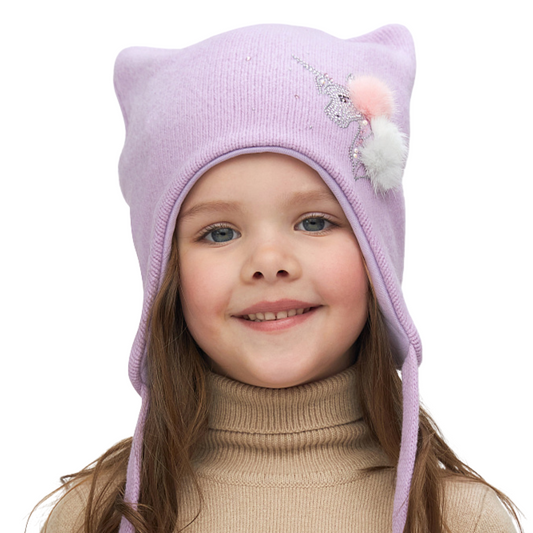 11325 Girls’ Winter Knit Hat with Cat Ears, Rhinestone Unicorn & Small Fur Pom-Poms | Size 52–54 cm | Ages 3–5 Years | Wool & Cashmere Blend | Cotton Lining