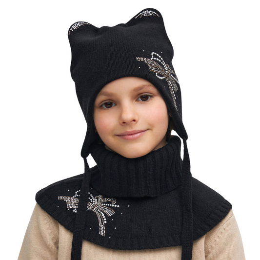 11010 Girls’ Winter Knit Hat with Cat Ears & Rhinestone Bow | Size 52–54 cm | Ages 3–5 Years | Wool & Cashmere Blend | Cotton + Membrane Lining