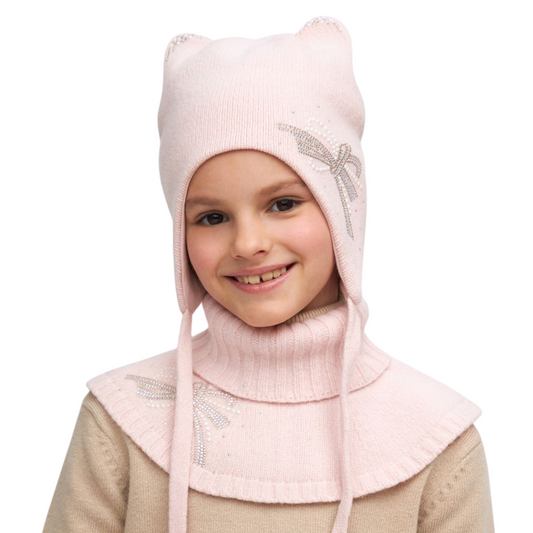 11010 Girls’ Winter Knit Hat with Cat Ears & Rhinestone Bow | Size 52–54 cm | Ages 3–5 Years | Wool & Cashmere Blend | Cotton + Membrane Lining