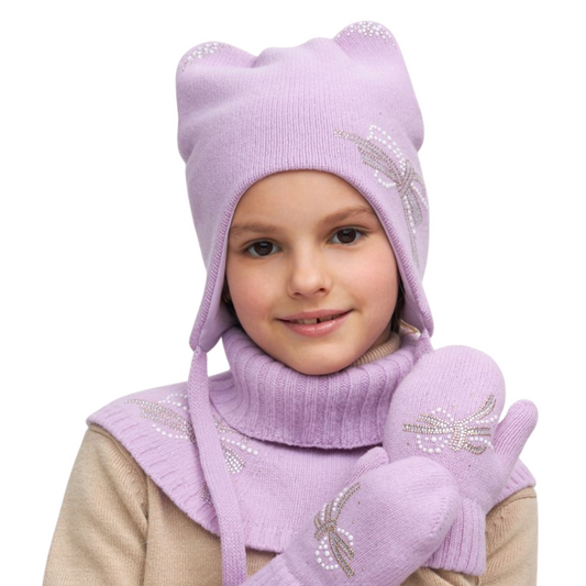 11010 Girls’ Winter Knit Hat with Cat Ears & Rhinestone Bow | Size 52–54 cm | Ages 3–5 Years | Wool & Cashmere Blend | Cotton + Membrane Lining