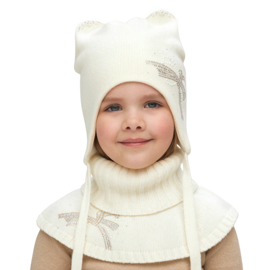 11010 Girls’ Winter Knit Hat with Cat Ears & Rhinestone Bow | Size 52–54 cm | Ages 3–5 Years | Wool & Cashmere Blend | Cotton + Membrane Lining