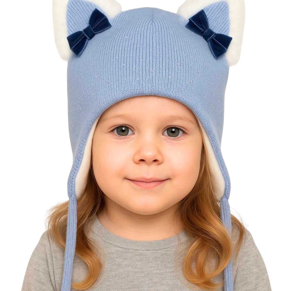 70340 Girls’ Winter Knit Hat with Cat Ears, Velvet Bows & Rhinestone Accents | Size 52–54 cm | Ages 3–5 Years | Wool & Cashmere Blend | Cotton Lining