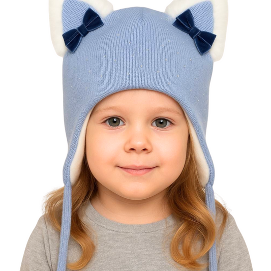 70340 Girls’ Winter Knit Hat with Cat Ears, Velvet Bows & Rhinestone Accents | Size 52–54 cm | Ages 3–5 Years | Wool & Cashmere Blend | Cotton Lining