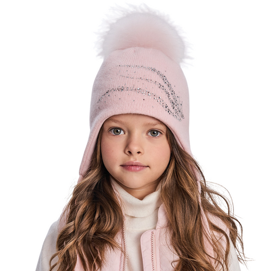 11565 Girls’ Winter Knit Hat with Natural Fur Pom-Pom and Rhinestone Design | Size 54–56 cm | Ages 6–12 | Cashmere, Wool, Cotton Lining | Down to –20°C